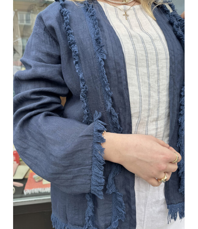 Long Sleeve Linen Fringe Cardigan - Navy