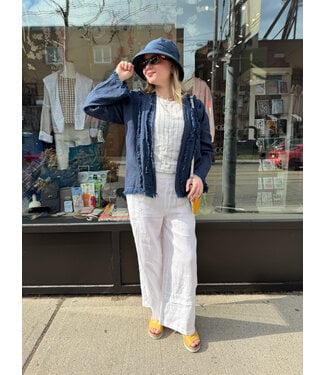 Long Sleeve Linen Fringe Cardigan - Navy