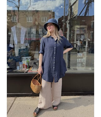Linen Shirt Dress - Navy