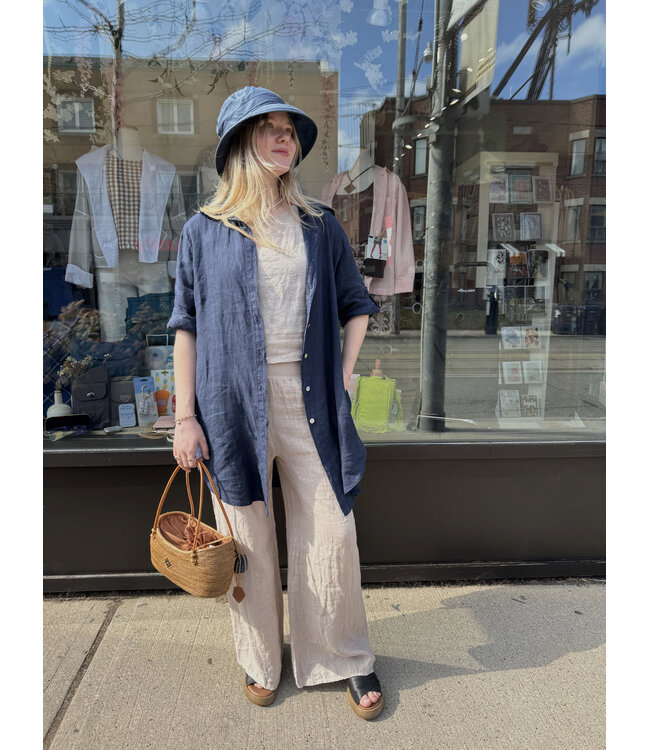 Linen Shirt Dress - Navy