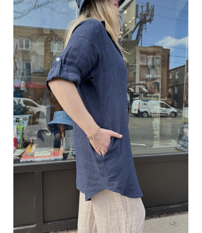 Linen Shirt Dress - Navy