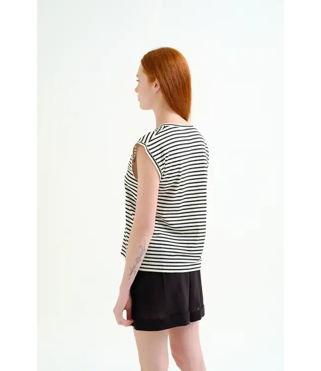 Compania Fantastica Oversized Striped Flower Top - Cream / Black