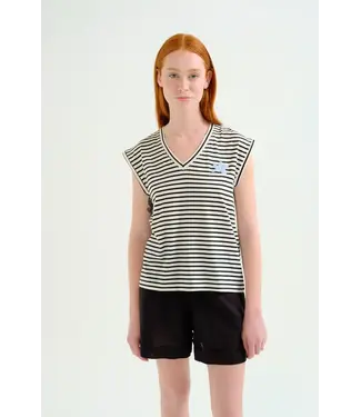 Compania Fantastica Oversized Striped Flower Top - Cream / Black