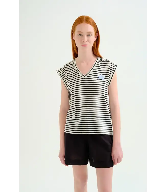 Compania Fantastica Oversized Striped Flower Top - Cream / Black