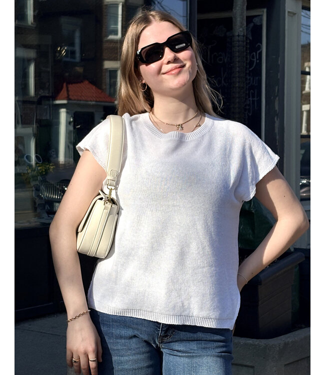 naif Dina Linen Short Sleeve Sweater - White