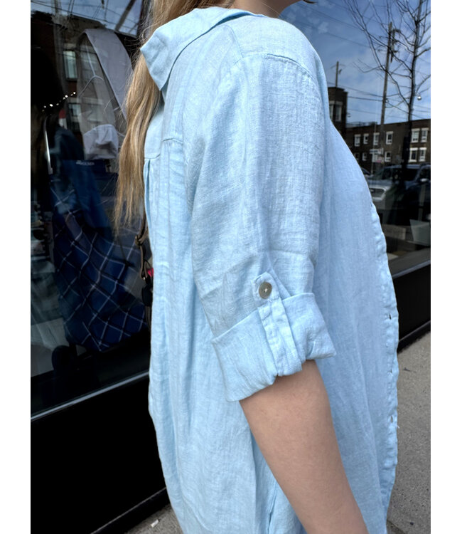 Linen Shirt Dress - Sky Blue