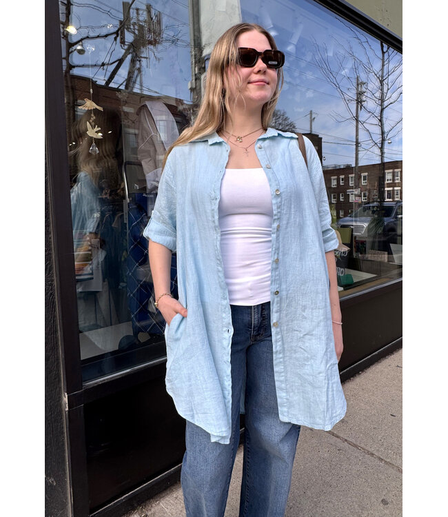 Linen Shirt Dress - Sky Blue