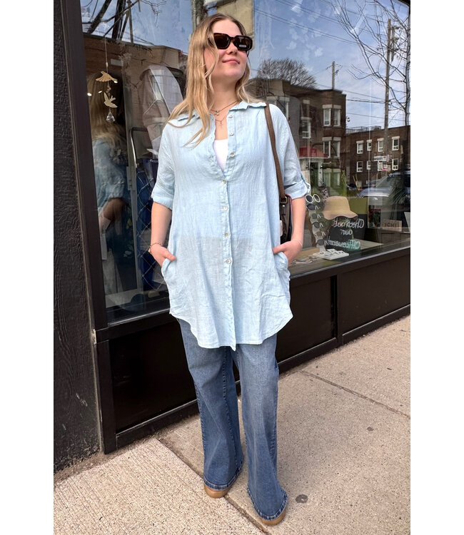 Linen Shirt Dress - Sky Blue