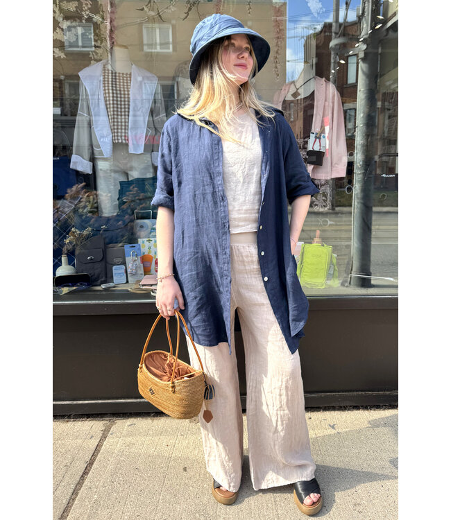 Linen Shirt Dress - Navy