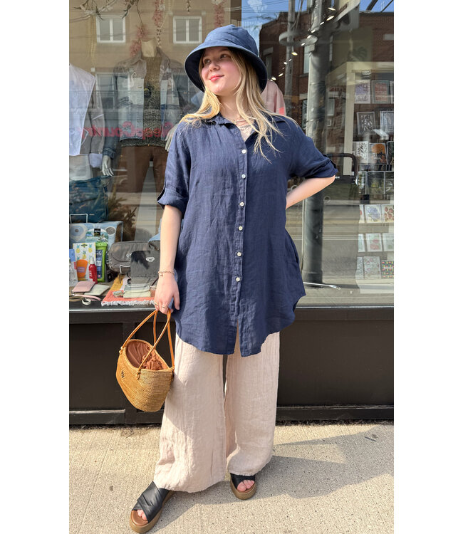 Linen Shirt Dress - Navy