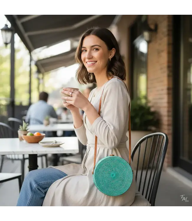 Round Rattan Purse - Turquoise