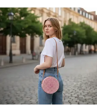 Round Rattan Purse - Pink