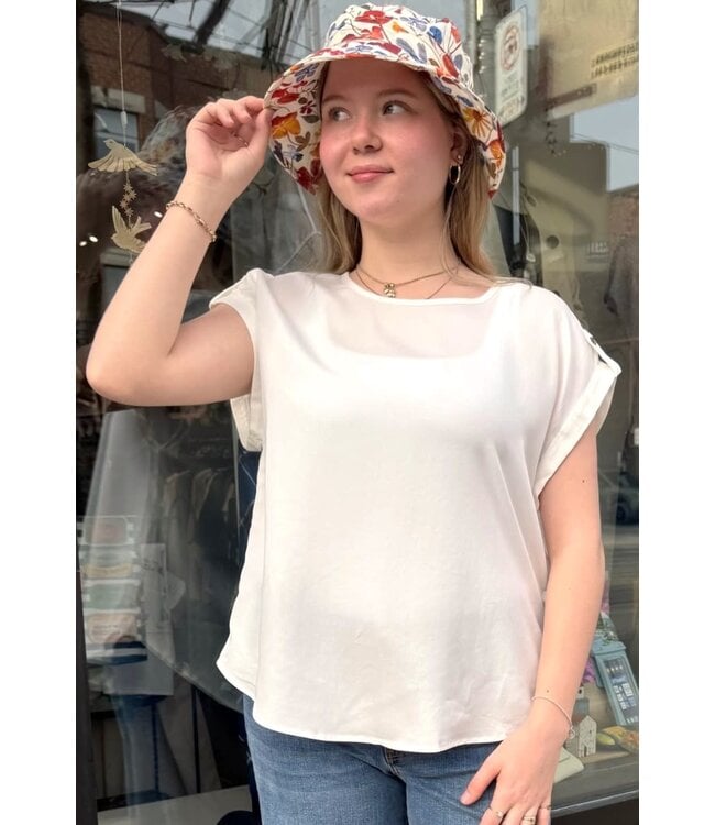 Apricot Turn-Up Sleeve Slit Back Top - Cream