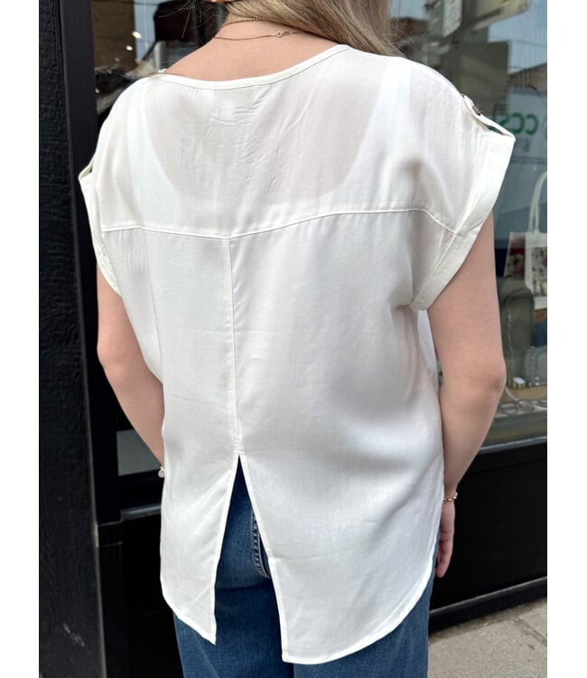 Apricot Turn-Up Sleeve Slit Back Top - Cream