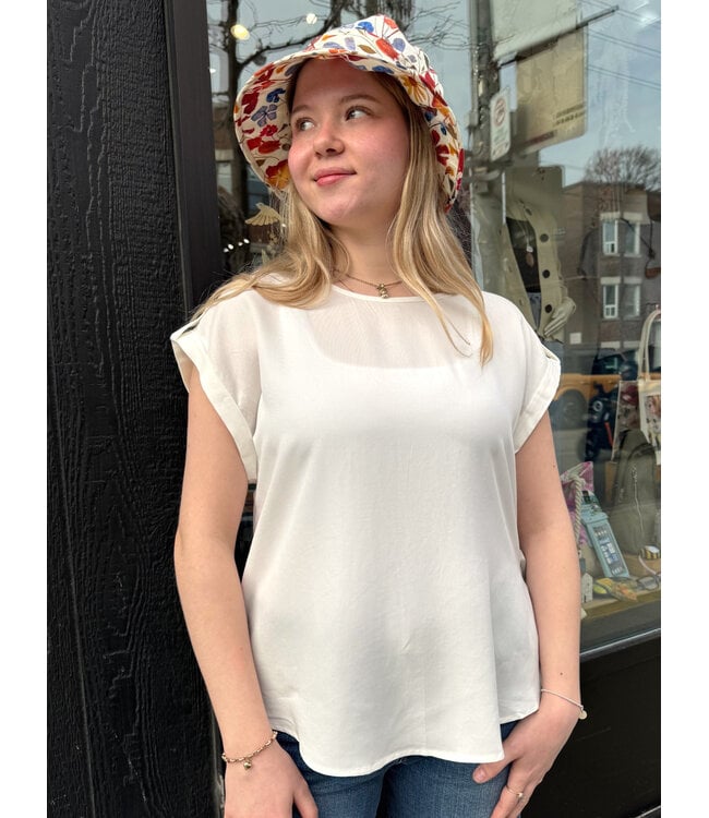 Apricot Turn-Up Sleeve Slit Back Top - Cream