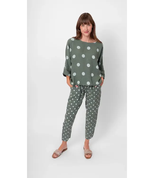 Half Sleeve Linen Polka Dot Top - Green
