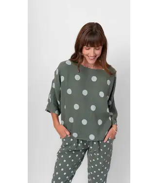 Half Sleeve Linen Polka Dot Top - Green