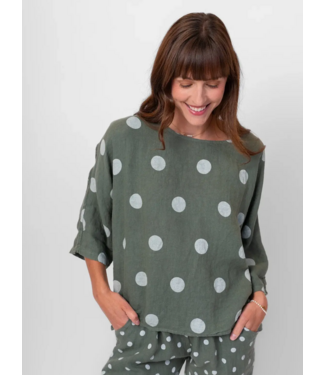 Half Sleeve Linen Polka Dot Top - Green