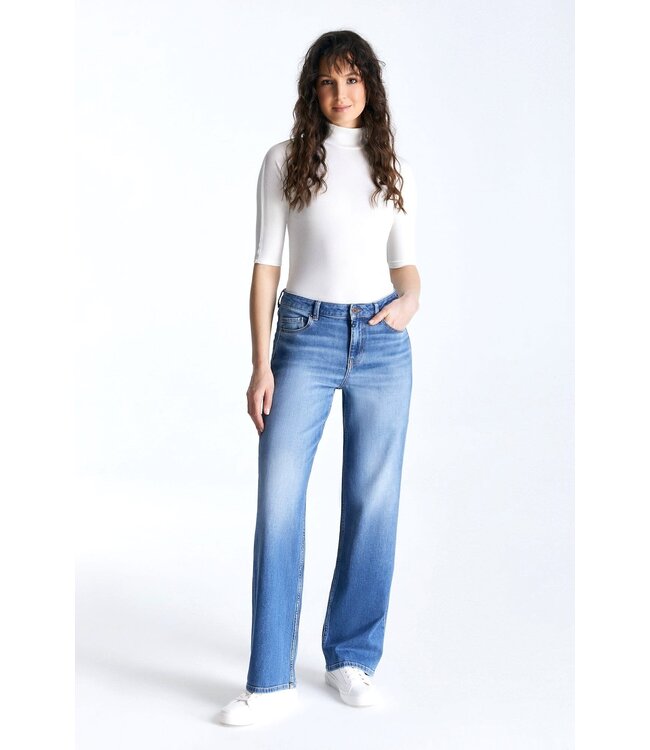 Cup of Joe Denim Nova Mid-Waist Wide Straight Leg Jeans - Medium Blue