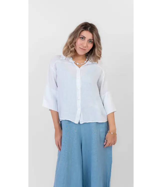 Linen Half Sleeve Button-Up - White