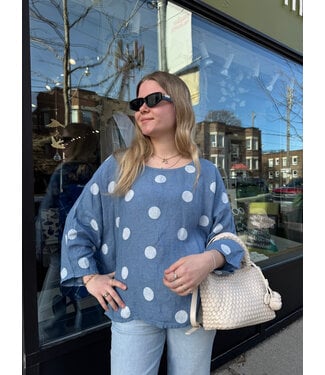 Half Sleeve Linen Polka Dot Top - Blue