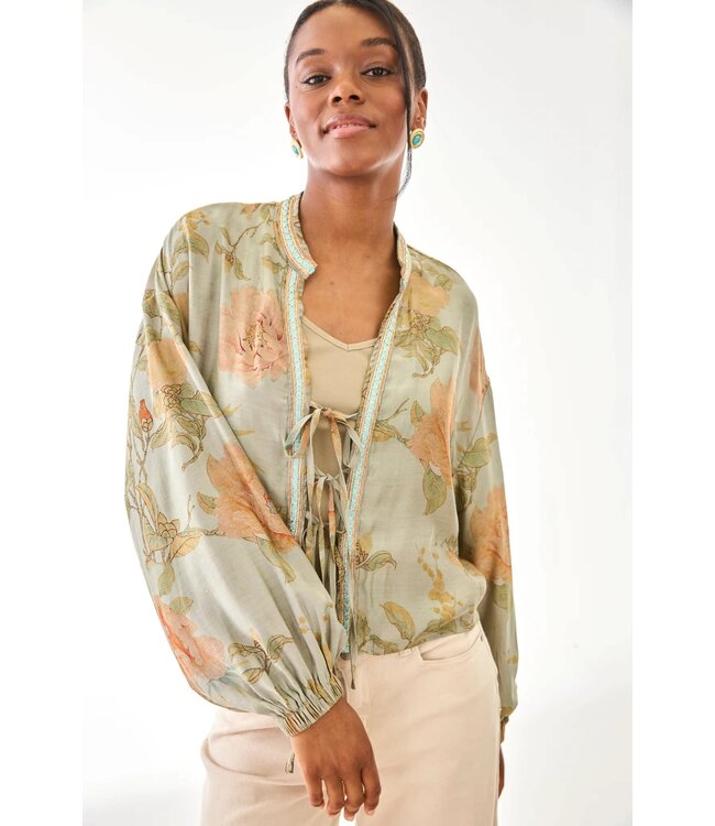 NKN Floral Blouse with Trimmings - Sage