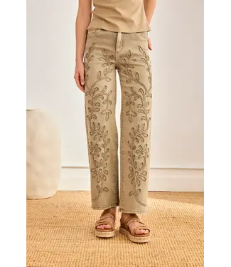 NKN Embroidered Leaf Jeans - Khaki