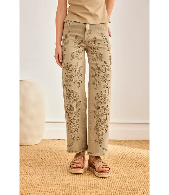 NKN Embroidered Leaf Jeans - Khaki