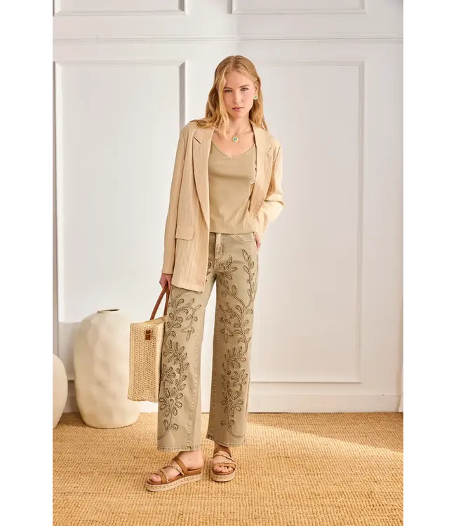 NKN Embroidered Leaf Jeans - Khaki