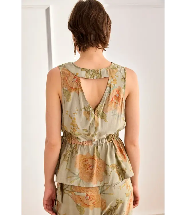 NKN Floral Tuxedo Collar Top - Sage