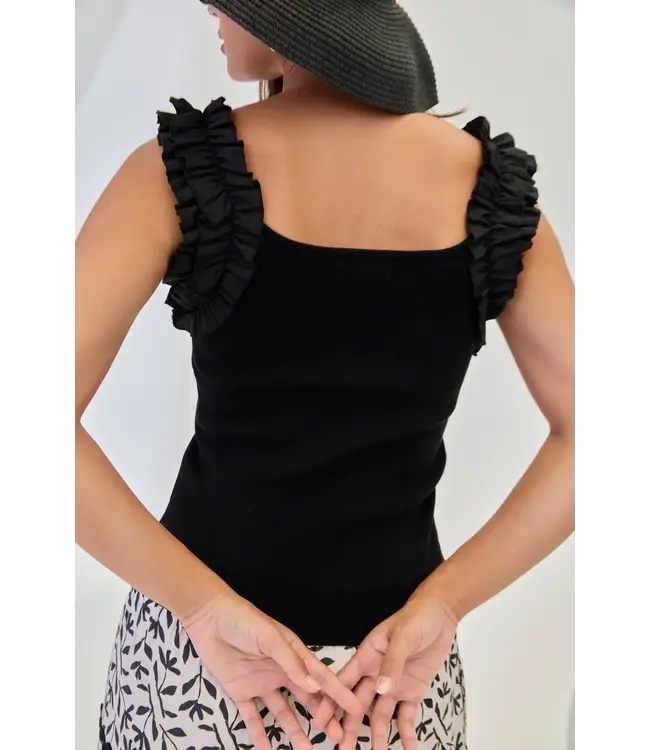 NKN Ribbed Ruffle Sleeve Tank Top - Black
