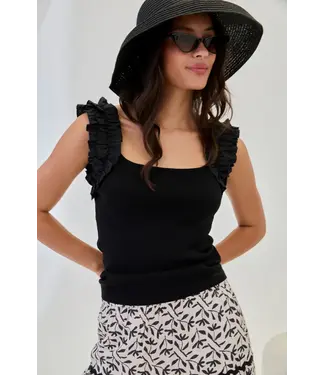 NKN Ribbed Ruffle Sleeve Tank Top - Black