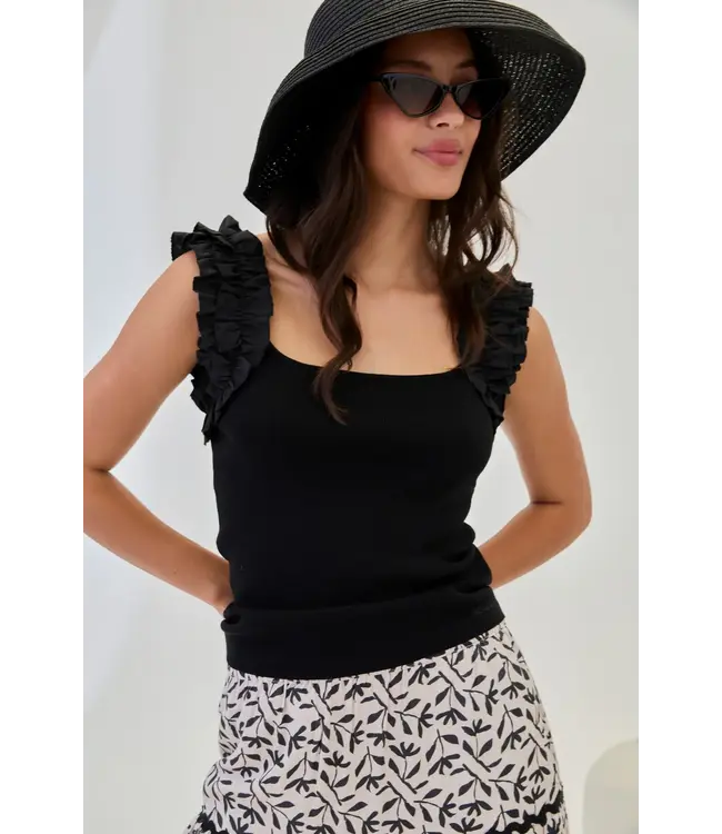 NKN Ribbed Ruffle Sleeve Tank Top - Black