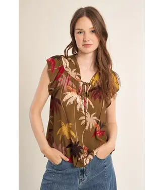 Molly Bracken Moana Tie Neck Cap Sleeve Top - Khaki