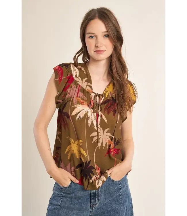 Molly Bracken Moana Tie Neck Cap Sleeve Top - Khaki