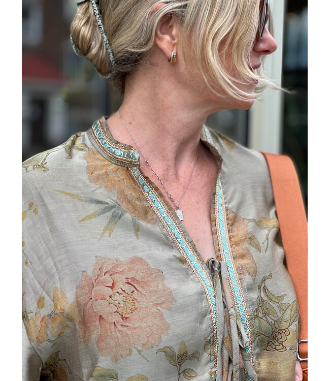 Floral Blouse with Trimmings - Sage