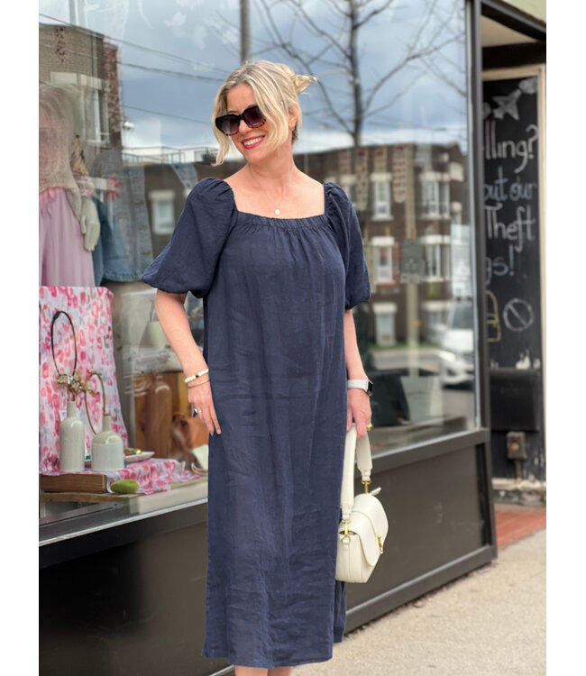 Linen Puff Sleeve Dress - Navy