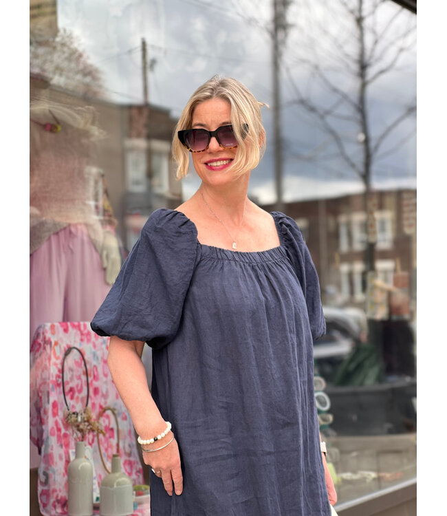 Linen Puff Sleeve Dress - Navy