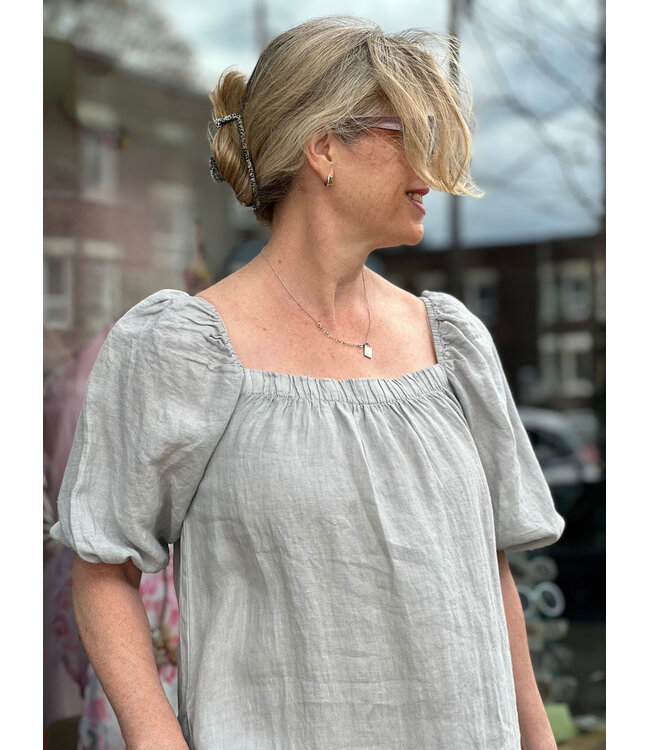 Linen Puff Sleeve Dress - Stone