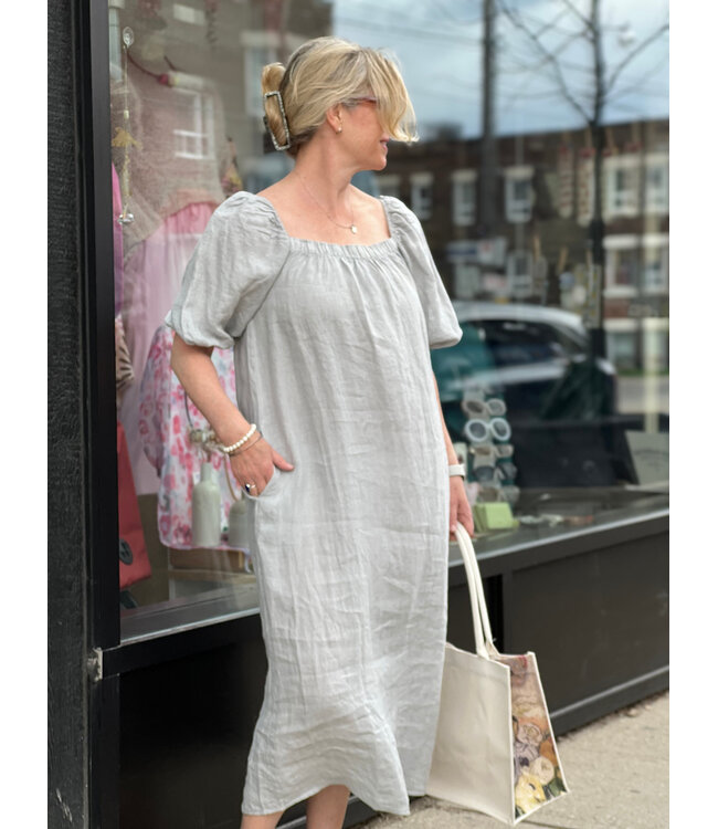 Linen Puff Sleeve Dress - Stone