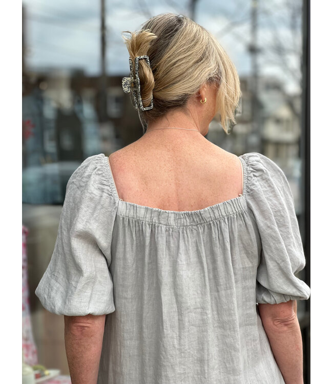 Linen Puff Sleeve Dress - Stone