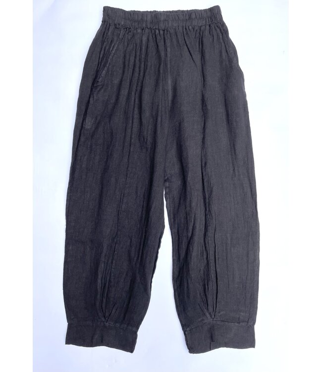 Linen Capri Pants with Gathered Hem - Black
