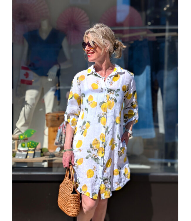 Angela Mara Button Down Shirt Dress - Lemon