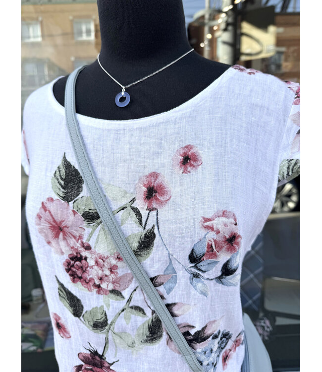 Linen Floral Shift Dress w/ Pockets - White