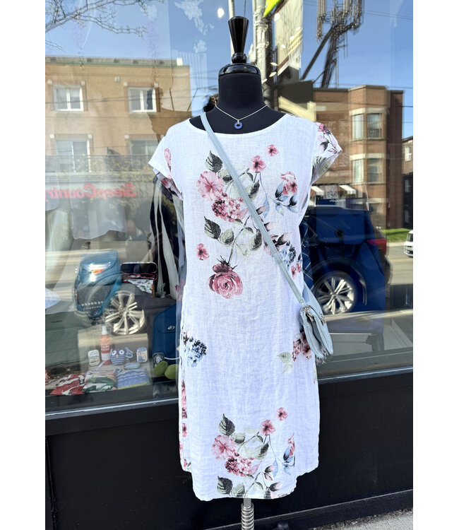 Linen Floral Shift Dress w/ Pockets - White