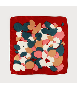 Satin Square Scarf w/Flowers - Red
