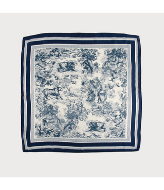 Satin Square Scarf w/Flowers - Navy