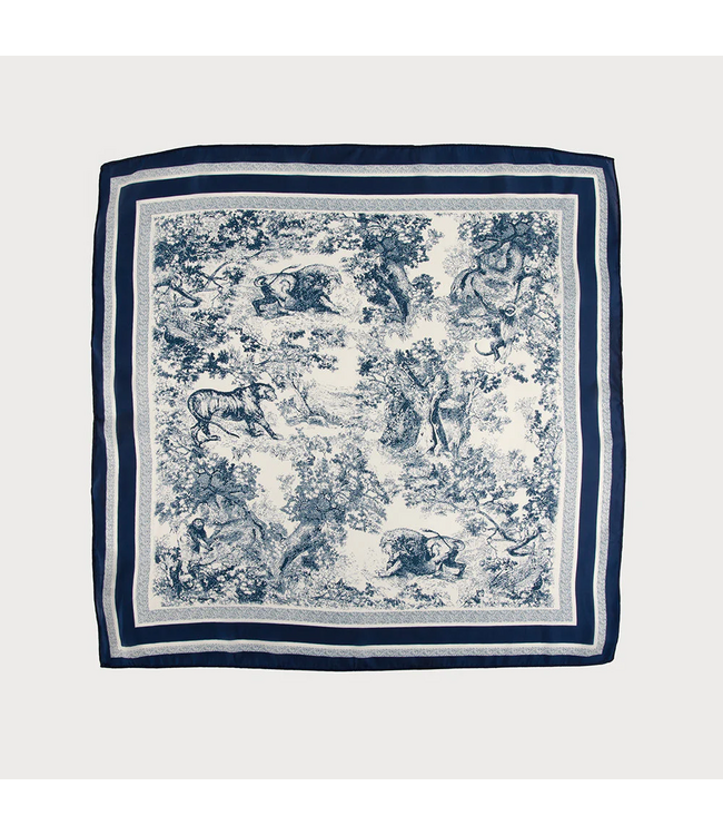 Satin Square Scarf w/Flowers - Navy