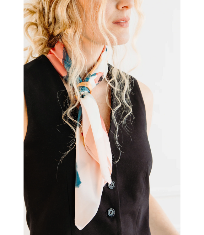 Satin Square Scarf w/Flowers - Pink