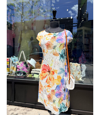 Linen Cap Sleeve Dress - Coral Floral
